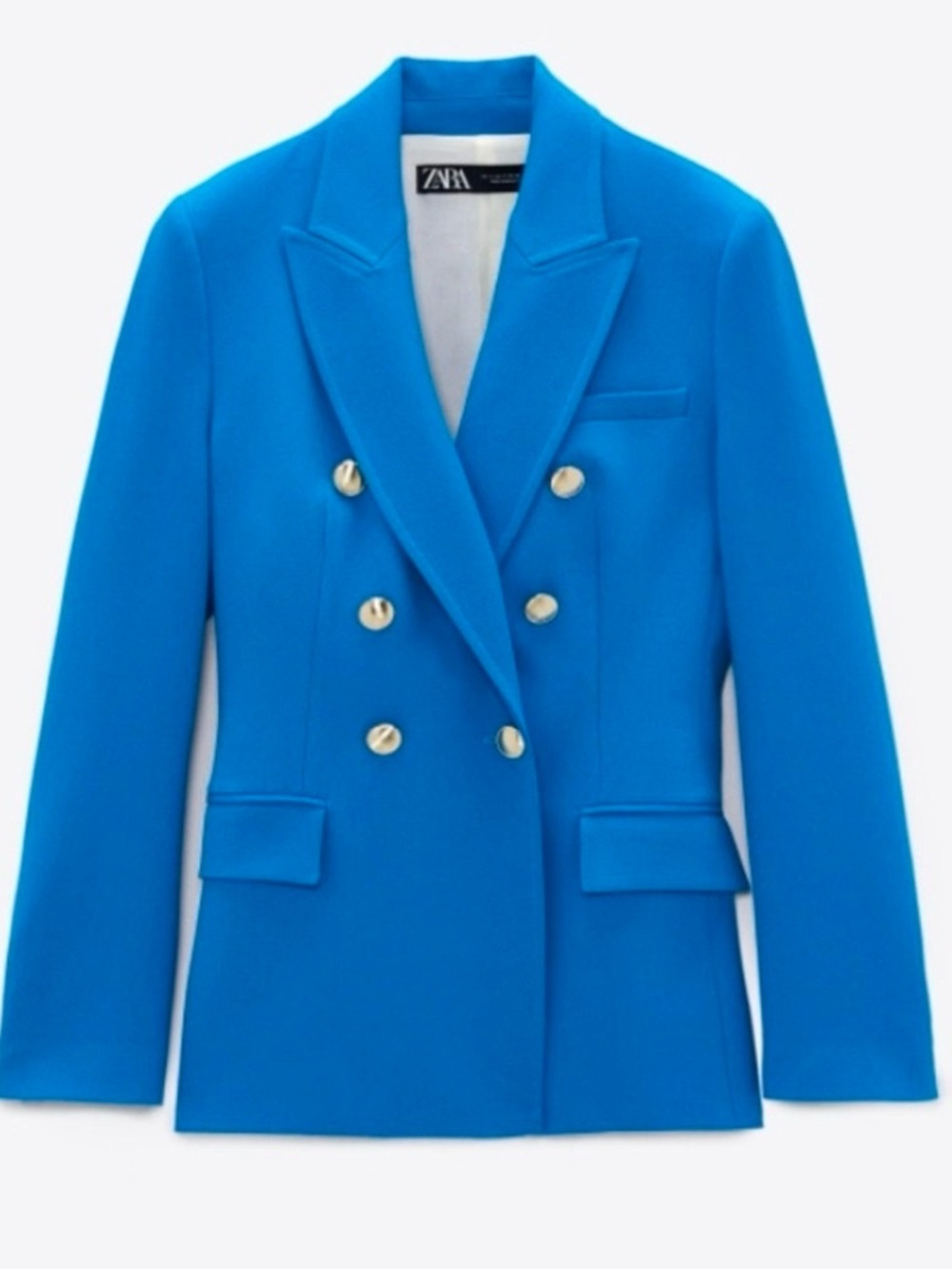 ZARA Vibrant Cyan Double-Breasted Blazer with Gold Buttons